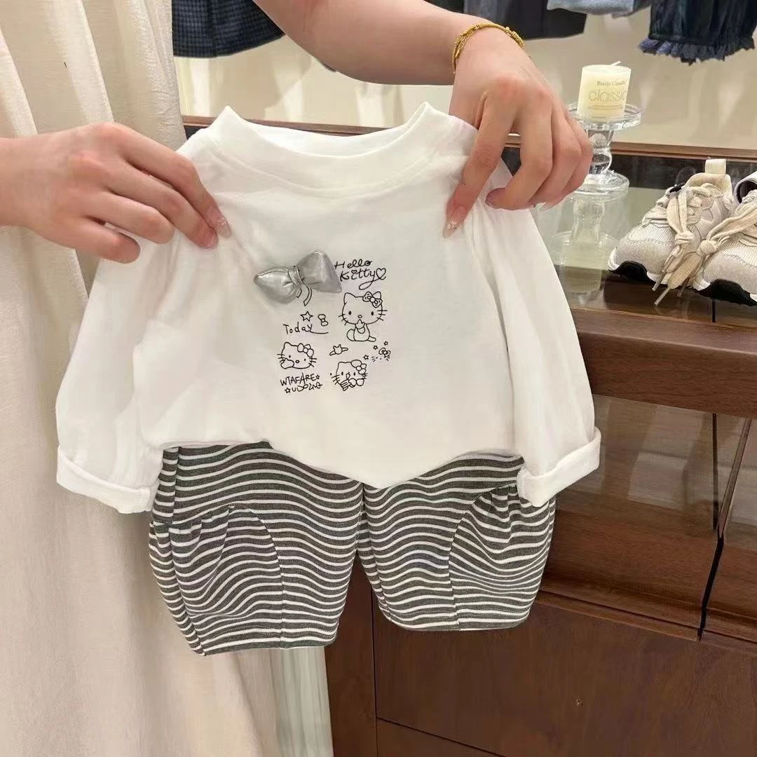女宝宝春秋套装女童韩版kt猫T恤长袖中小童条纹灯笼裤长裤两件套