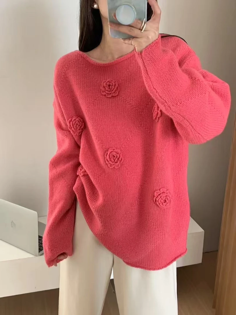精致女人味！立体花朵宽松显瘦毛衣针织毛衣9710