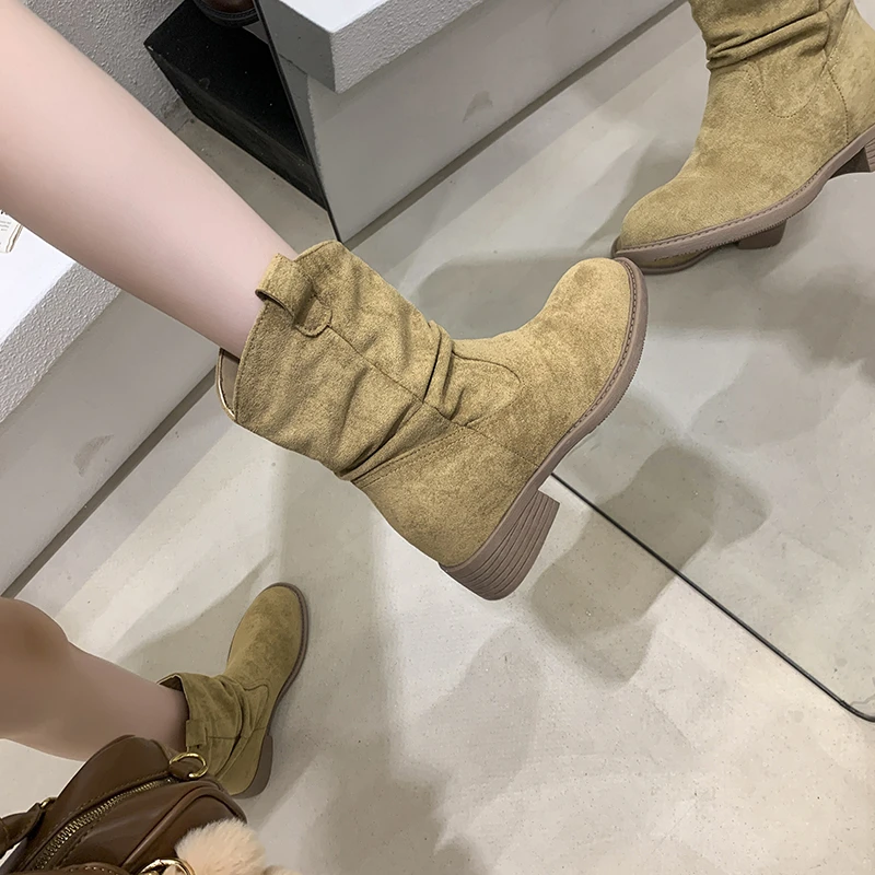 单靴低跟秋季靴子女夏2025新款堆堆美拉德西部牛仔短靴中筒马丁靴