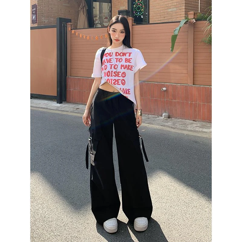 POYZ美式复古黑色工装裤女夏季高腰显瘦宽松慵懒感休闲百搭拖地裤