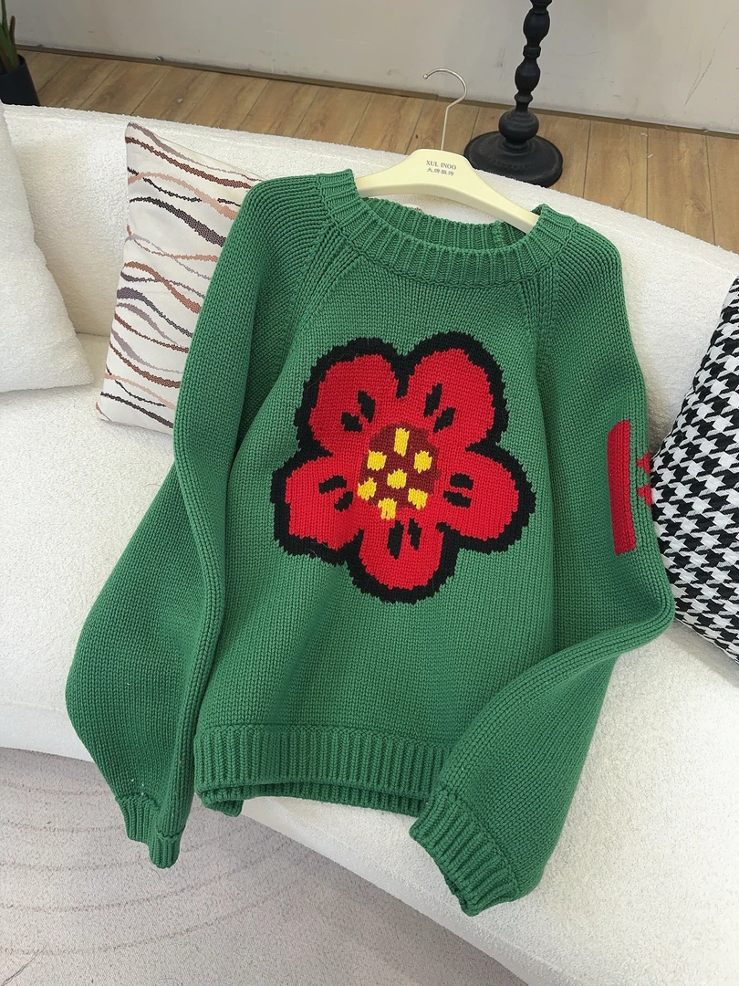 琳心秋冬气质时尚绿色花朵绣花提花长袖大版针织衫 YY0819