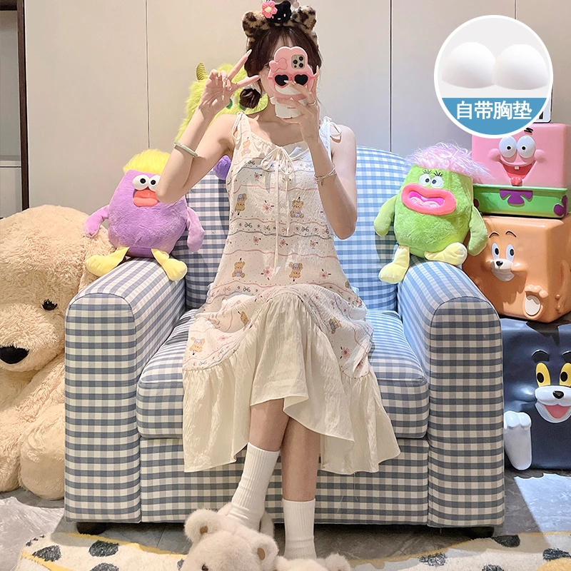 睡衣女夏季2025新款带胸垫甜美可爱中长款宽松吊带背心睡裙家居服