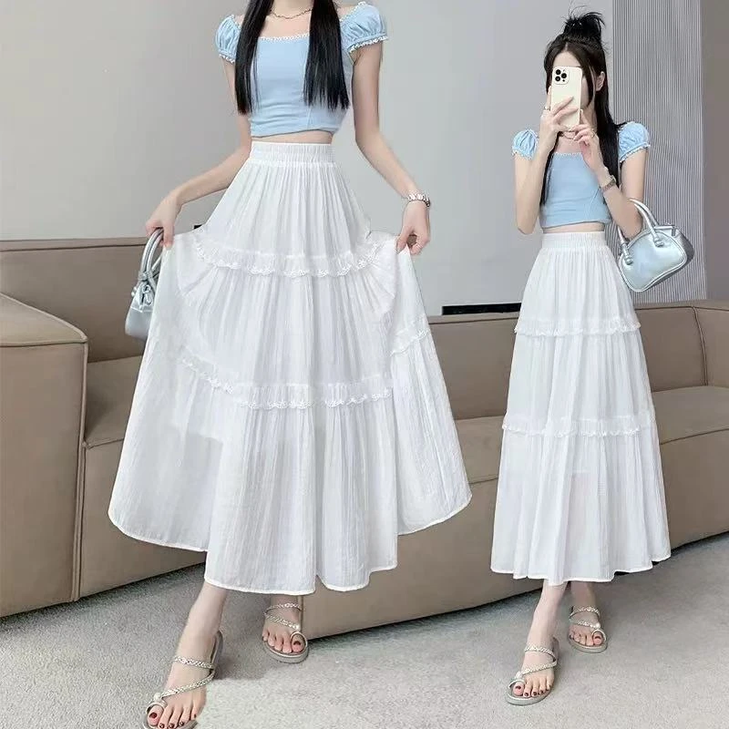 超仙蕾丝拼接蛋糕半身裙女夏季温柔垂感高腰中长裙韩版显瘦A字裙