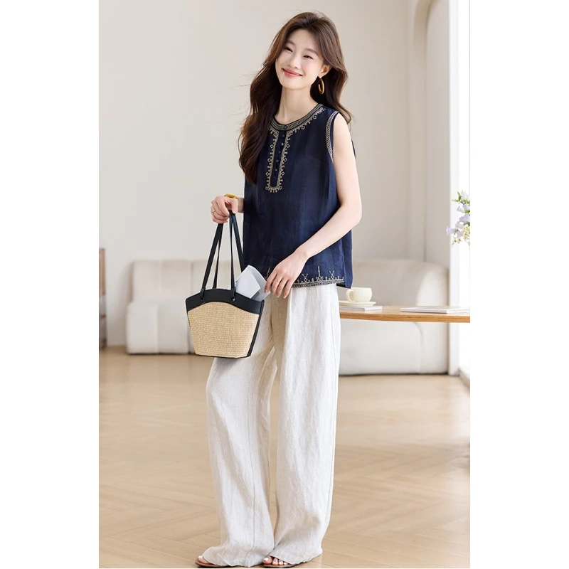 莱赛尔亚麻刺绣衬衫两件套2025夏季气质舒适感阔腿裤套装