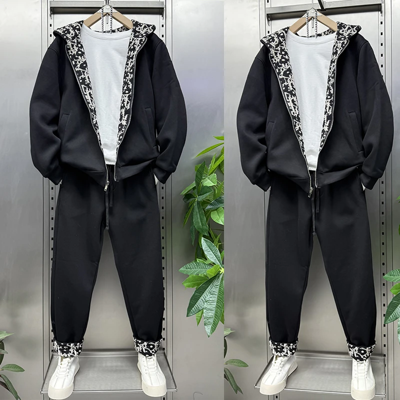 双面穿套装男女同款冬季加厚连帽外套休闲运动直筒小脚裤宽松整套