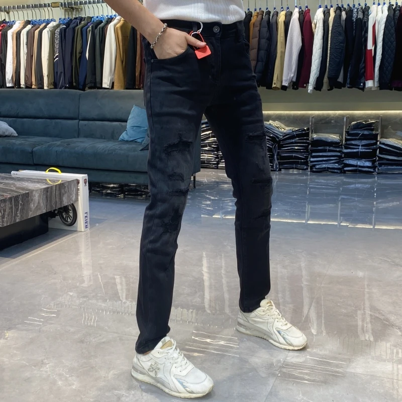 【也许家】新品秋冬男士欧货修身时尚破洞弹力小直筒牛仔裤EE9011