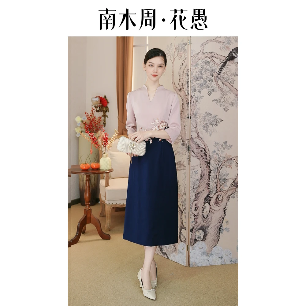 春季妈妈唐装国风礼服A字裙套头连衣裙中长裙常规日常风HYL260