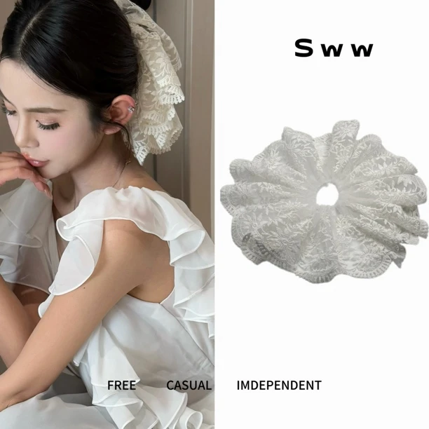 SWW超大手工蕾丝发圈春款新款气质百搭显脸小网纱超仙甜美发圈