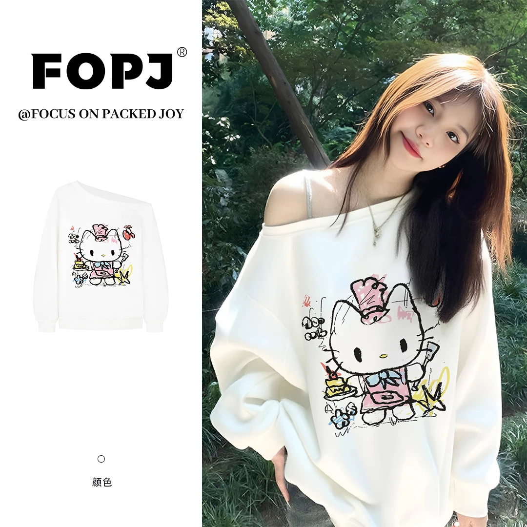 FOPJ春秋新款韩系学院风kitty印花斜肩卫衣女休闲长袖t恤露肩上衣