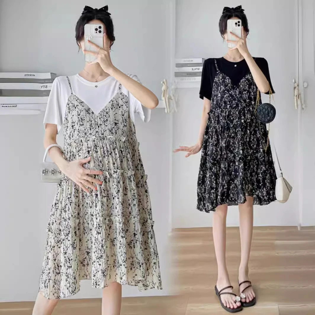 时尚夏季碎花网红洋气韩版拼接假两件大码显瘦夏装孕妇装 2024 年