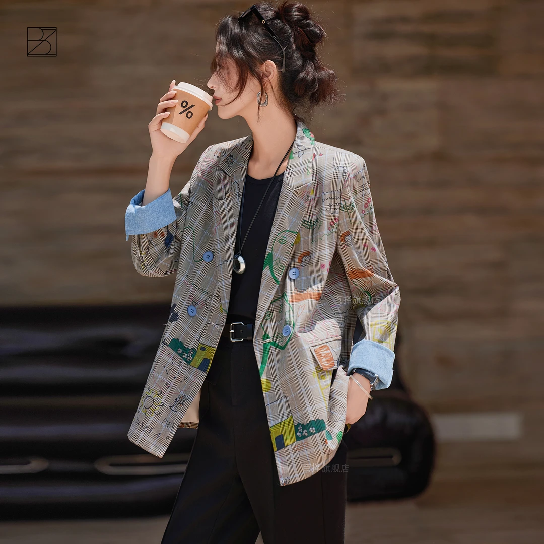 『涂鸦艺术』格子时尚西装外套女2025秋季新款减龄返潮穿搭休闲西服