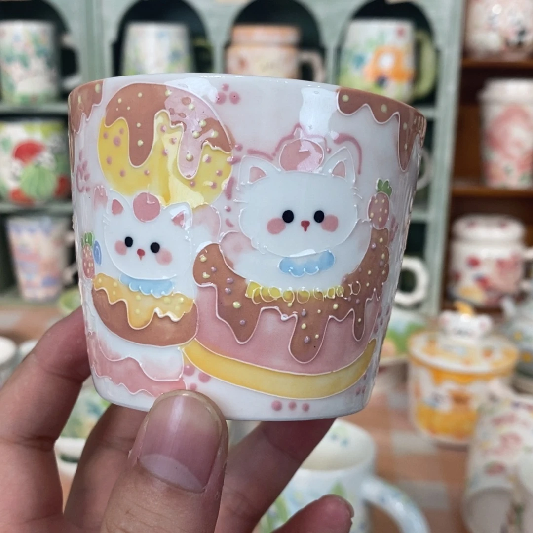 瓷片蛋糕小猫手握杯