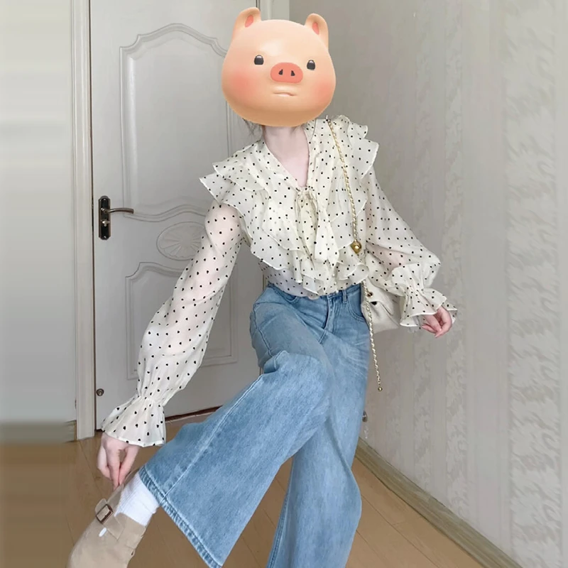波点荷叶边法式长袖衬衫女春季2025新款高级感独特别致设计感上衣