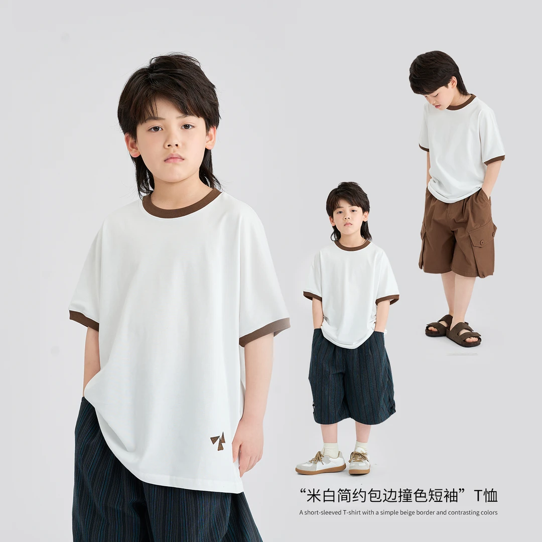 MT原创童装日系男童米白简约包边撞色短袖T恤夏季新款拼接中大童