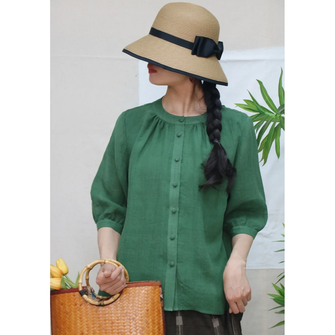 熹泮2025新夏纯色（春颂）重工包扣文艺百搭透气衬衫女天丝苎麻国风