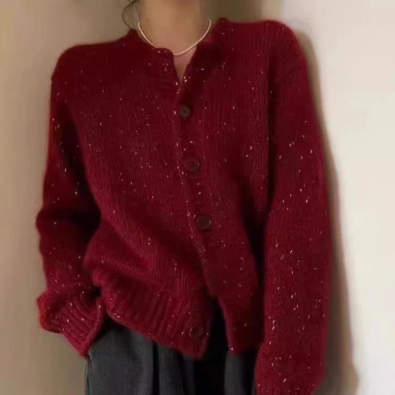 羊范高级感重工亮丝针织开衫女半高领卷边加厚减龄外套本命年新款