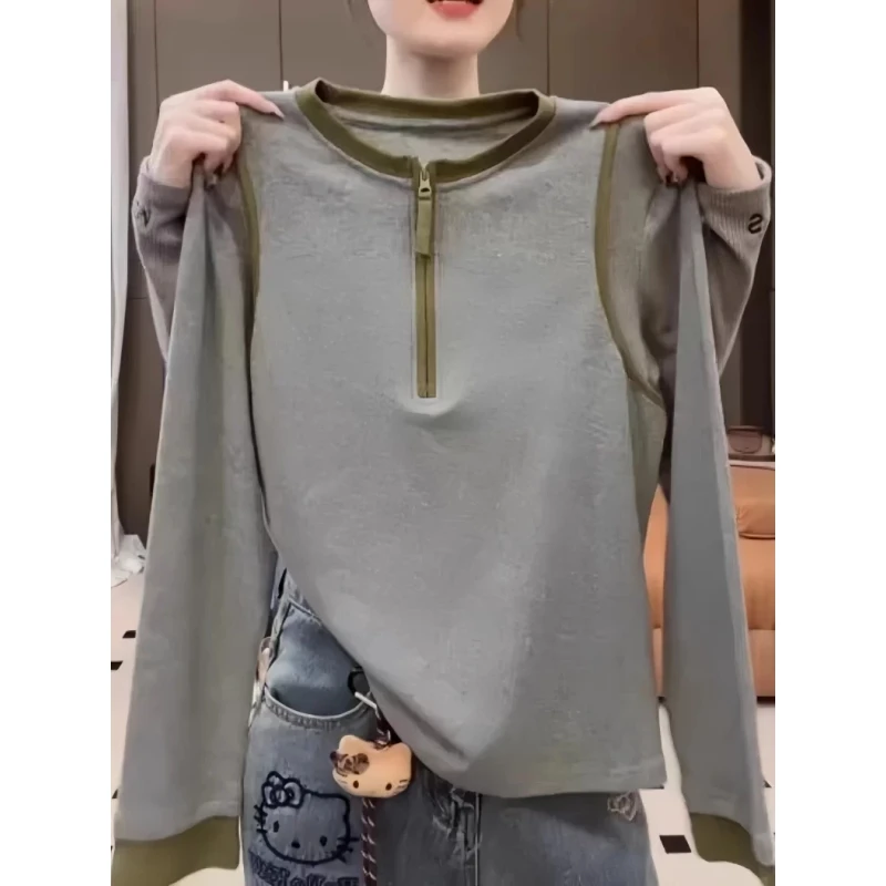 大码韩系撞色半拉链假两件T恤女2025秋季胖mm显瘦不撞衫小众上衣