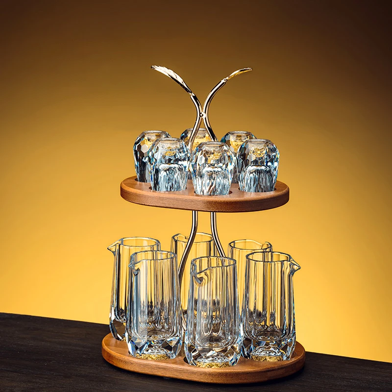 水晶钻石切面金箔白酒杯套装创意绿松石家用玻璃分酒器一口杯酒盅