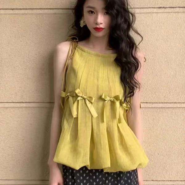 短款纯欲风立体蝴蝶结雪纺衫女夏季设计感褶皱无袖娃娃衫上衣宽松