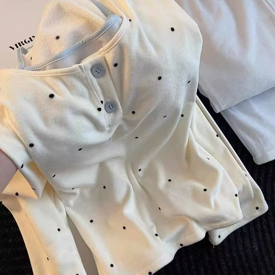 甜美波点睡衣秋冬带胸垫长袖德绒假两件保暖亲肤可外穿家居服套装