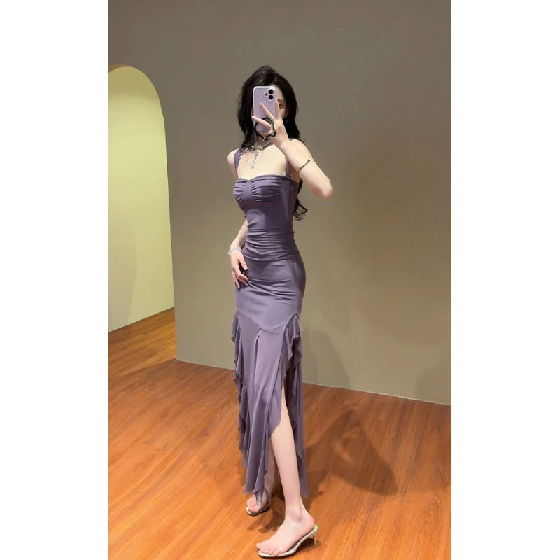 G283 0627-2【77】纯欲气质吊带裙长裙开叉不规则修身性感包臀裙女