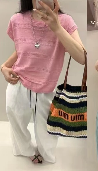 宽松常规款夏季镂空短款针织衫1089