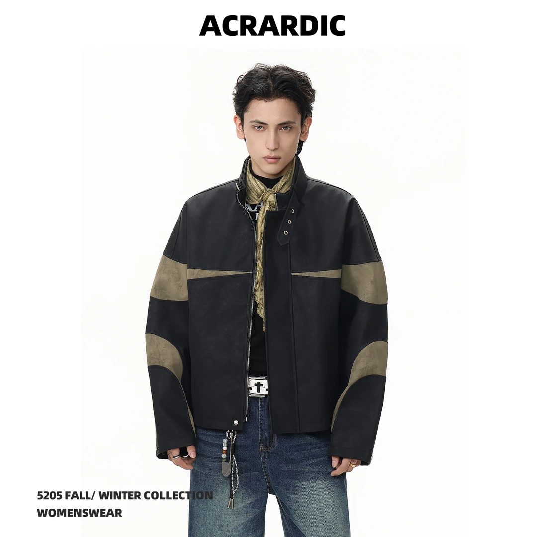 ACRARDIC秋季潮牌拼色PU皮立领夹克男街头痞帅机车服休闲皮衣外套
