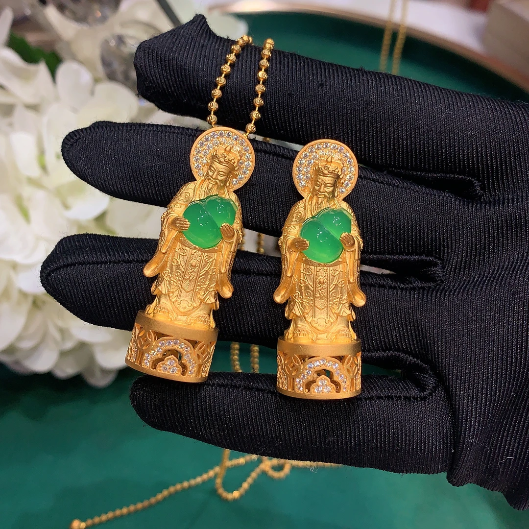 天然绿玉髓葫芦财神吊坠S925银镀金镶嵌轻奢时尚设计款财王爷挂件