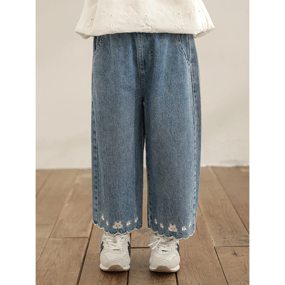 幼悠女童秋装小兔刺绣女孩牛仔裤复古宝宝儿童百搭休闲裤子C3108