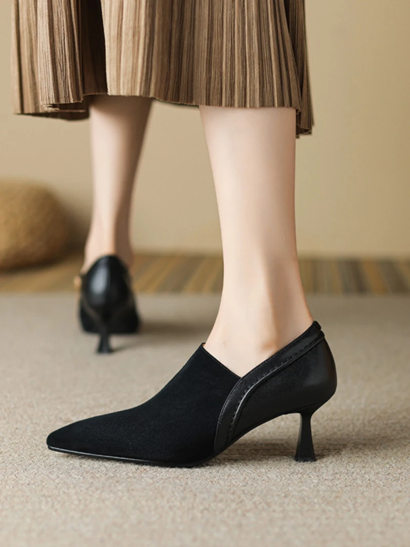 2025新款法式磨砂真皮深口高跟单鞋女细跟尖头舒适百搭羊皮小裸靴