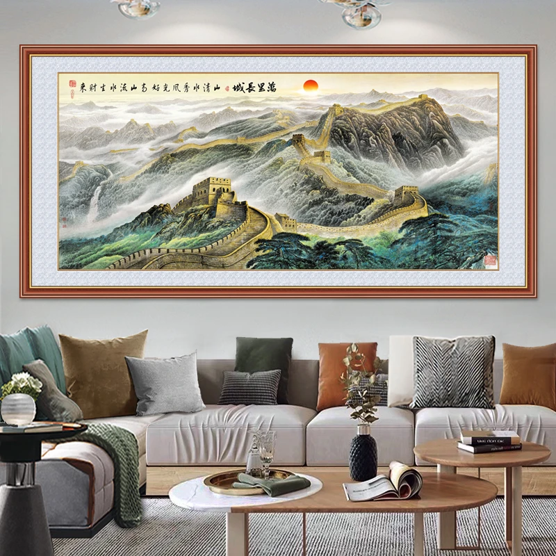 墙纸自粘万里长城国画客厅装饰画贴画沙发山水画贴纸迎客松靠山图
