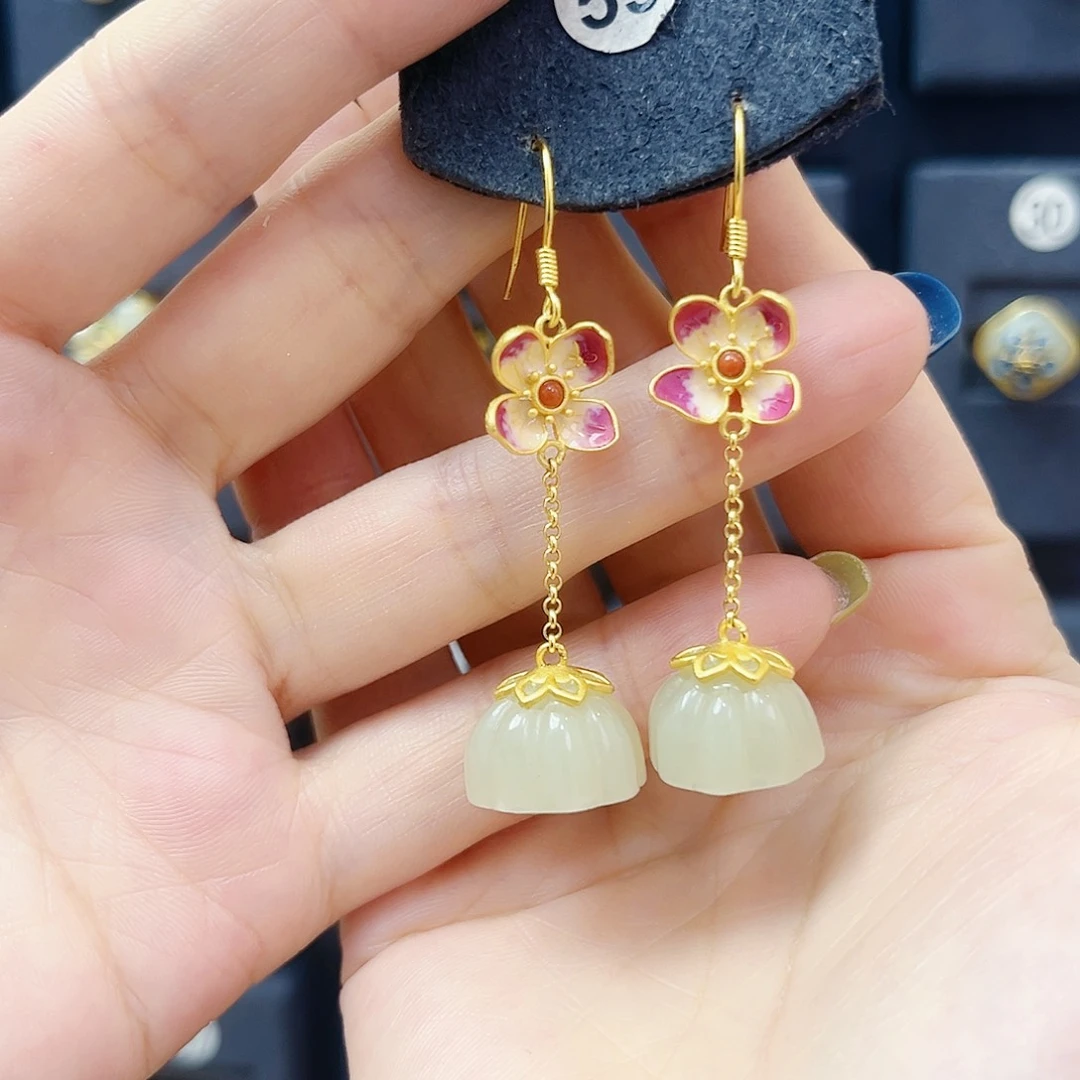 和田玉银S925镀金镶嵌耳饰