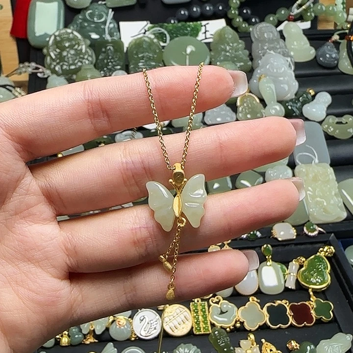 颈饰银S925镶嵌和田玉送链子送绳