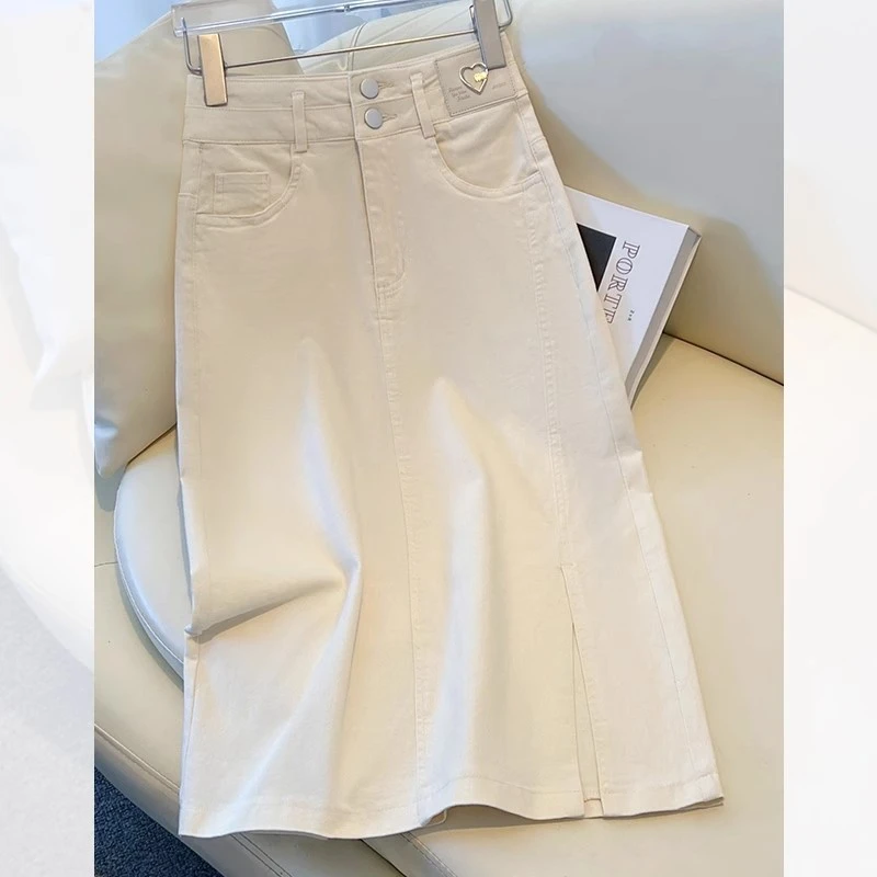 拉夏贝尔白色牛仔半身裙女夏季中长款2025新款高腰气质开叉包臀裙
