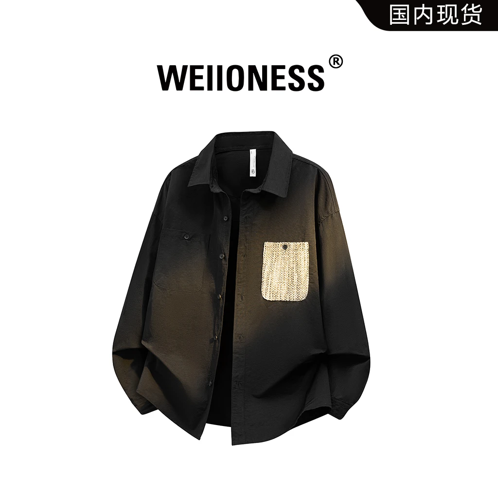 WEIIONESS美式复古工装多口袋衬衫男士秋季新款宽松休闲长袖衬衣