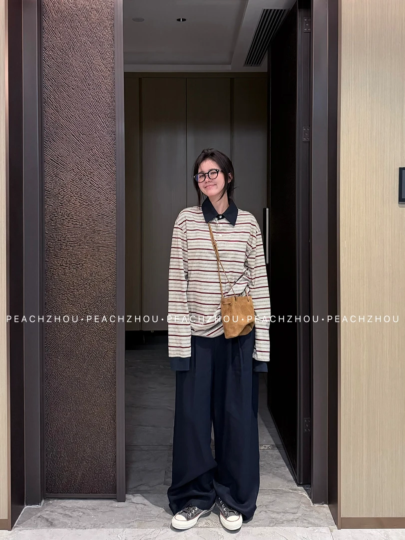 『PEACHZHOU』撞色条纹Miu系宽松POLO长袖美式复古休闲中性翻领T恤
