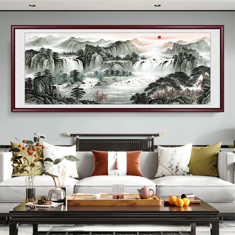山水画客厅挂画聚宝盆国画办公室装饰画新中式沙发背景墙壁画靠山