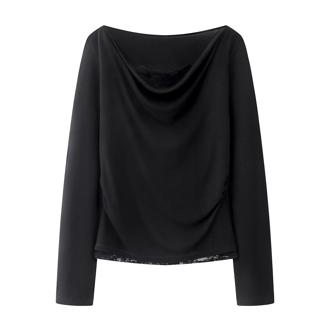 1136{艾}2026春款荡领百搭长袖针织衫女装黑色褶皱设计通复古宽松