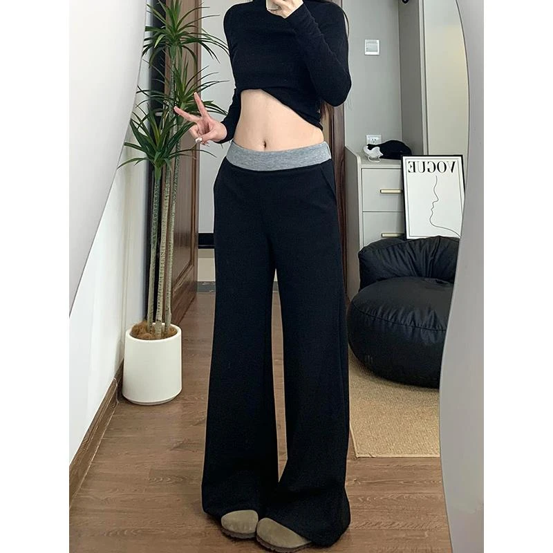 女黑色拼接运动裤垂感冬季显瘦直筒卫裤休闲小个子阔腿裤