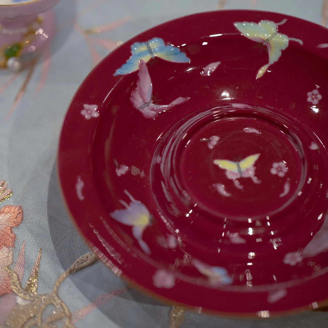 YTJ00407 雅同集-粉彩胭脂红蝶恋花壶承