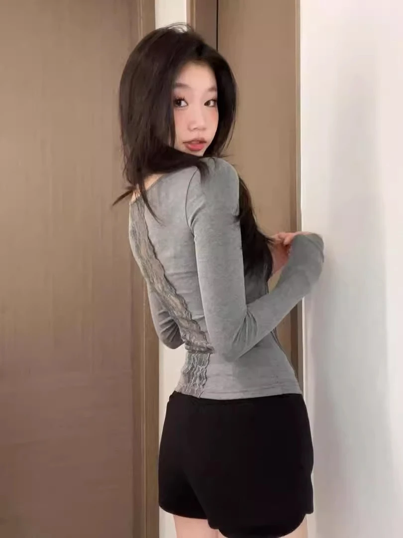 韩系辣妹v领蕾丝边长袖t恤女秋冬设计感内搭显瘦别致绝美打底上衣