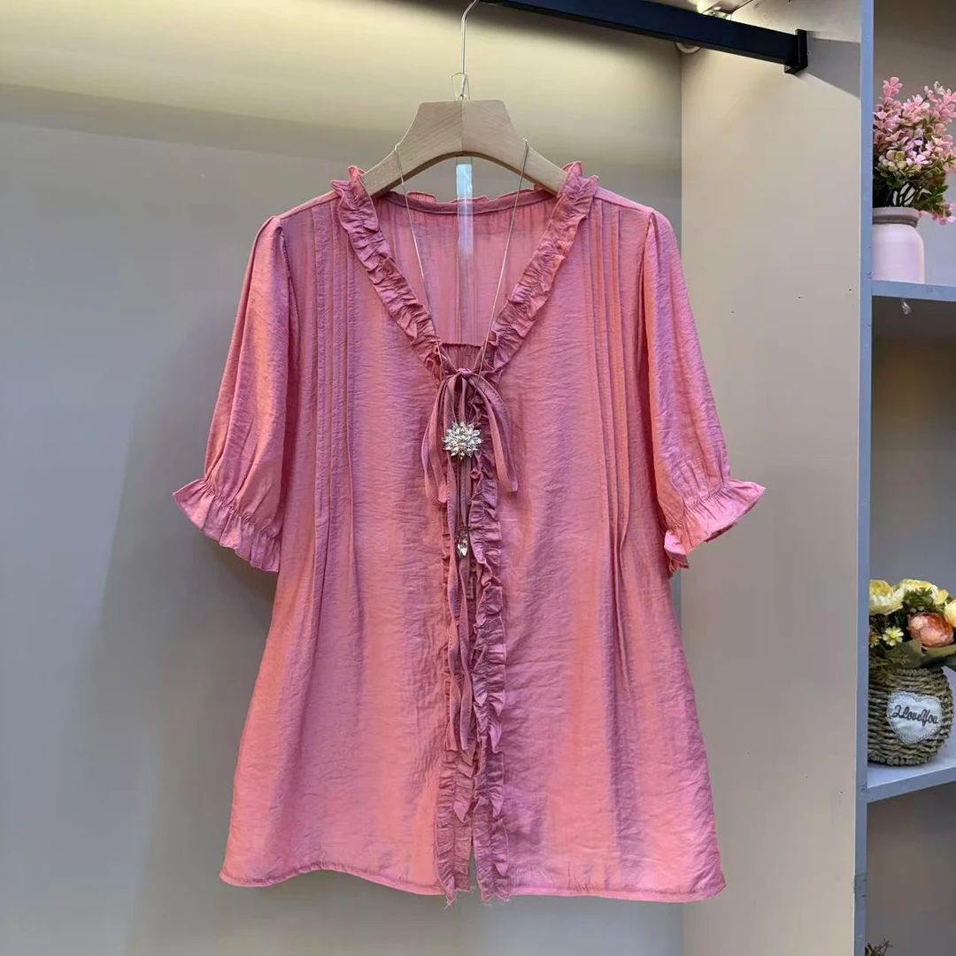 欧货2025夏季新款大码女装木耳边气质高级感显瘦简约衬衫