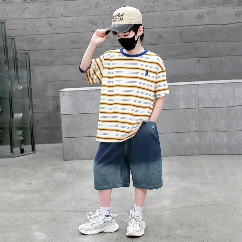 2025新款条纹T恤套装夏季中大童舒适短袖牛仔短裤宽松休闲两件套t