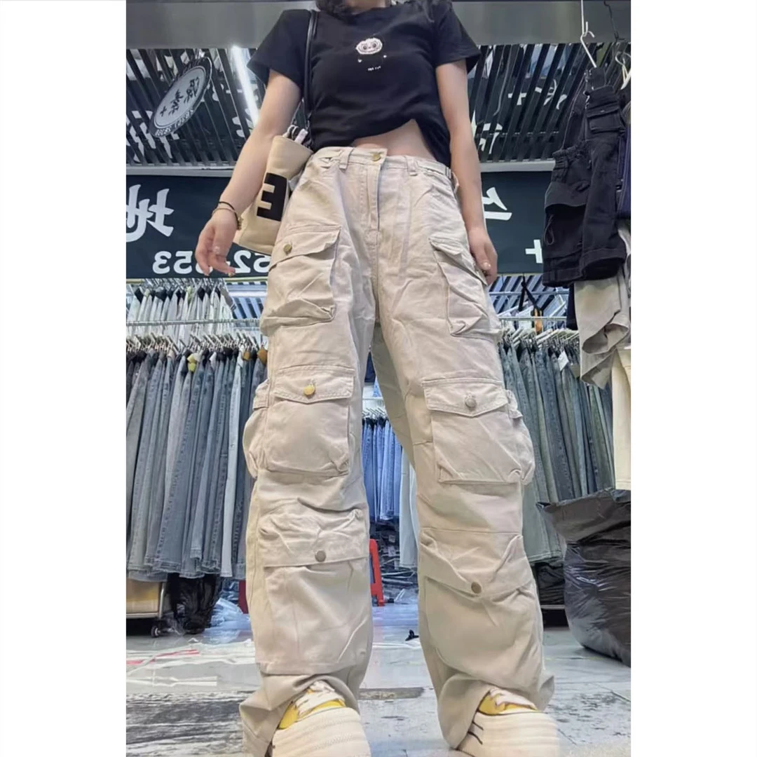 艾塔莉夏季直筒型运动风高腰工装裤休闲裤口袋设计感小众美式复古