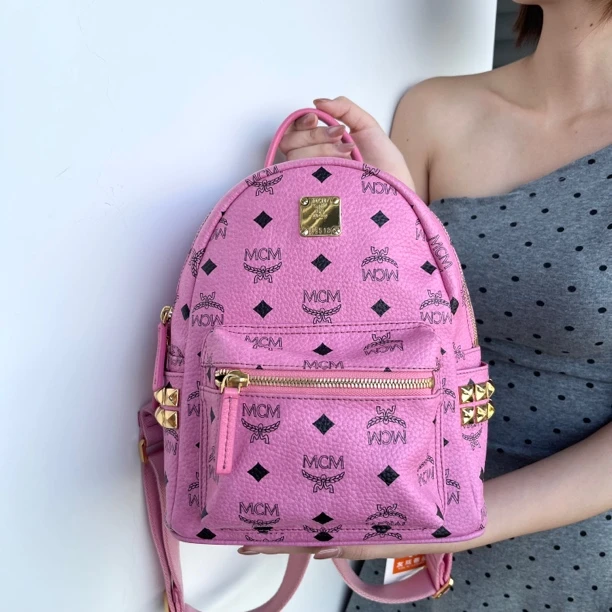 95新 MCM XM/经典老花樱花粉色mini号双肩包/WJ09508006