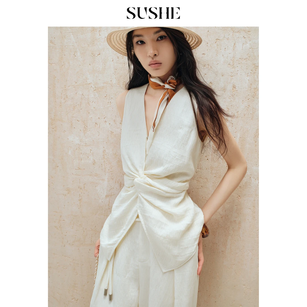 SUSHE悠见智性老钱V领收腰无袖马甲无袖上衣女夏季外穿高级感