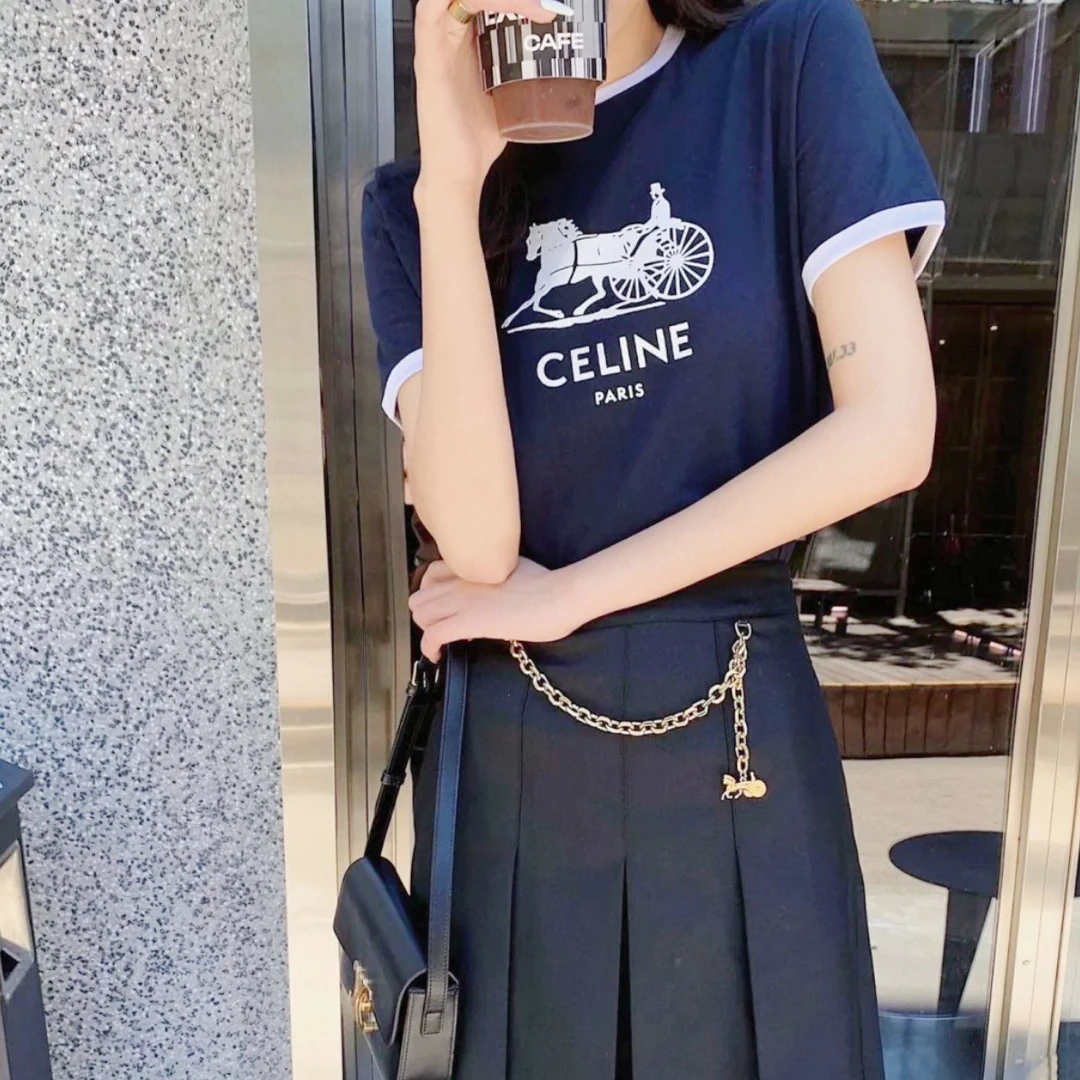 99新 Celine/思琳 001759 CELINE赛琳 深蓝色棉质马车短袖 M码