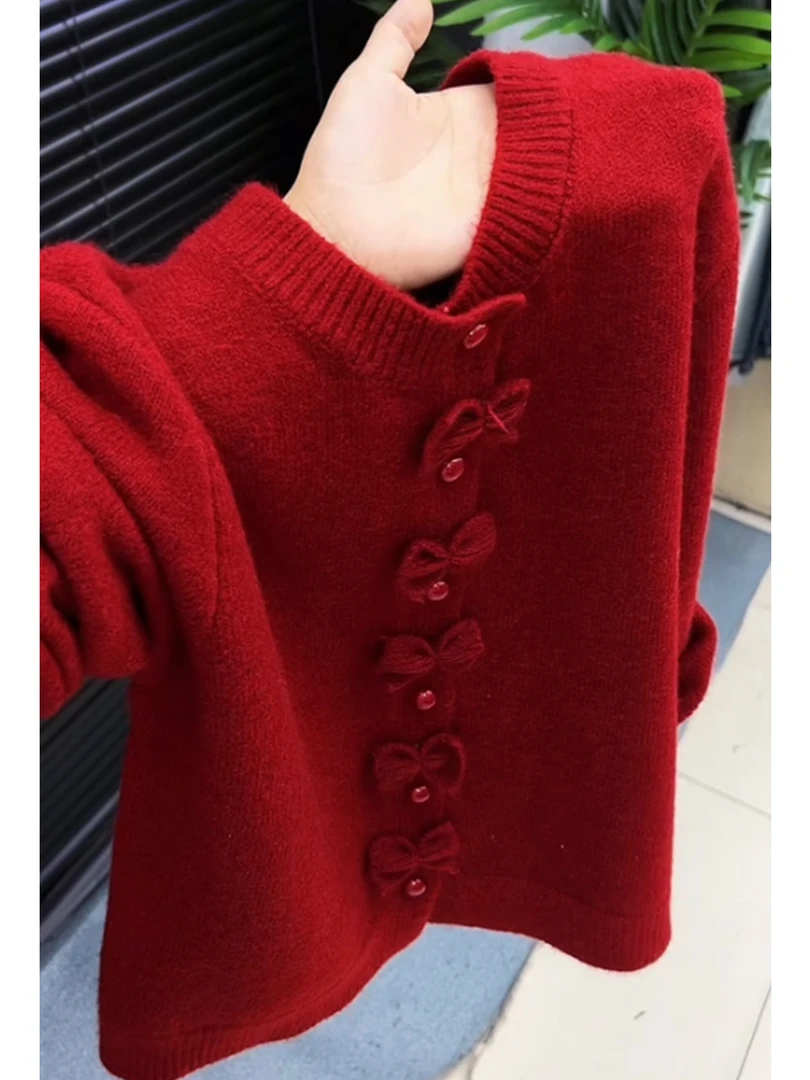 新年战袍跨年圣诞本命年红色毛衣女2025冬季新款小众蝴蝶结针织衫