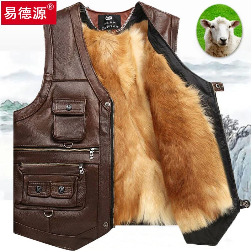 真皮牛皮马甲中老年男秋冬皮毛一体羊毛背心加厚皮坎肩老人爸爸装