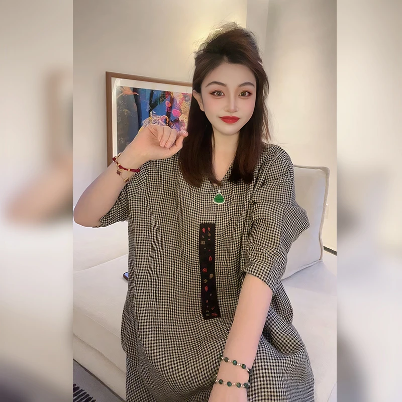 【Linda姐高端线】春夏新款时尚宽松气质黑白格衬衫AA5SCS0402